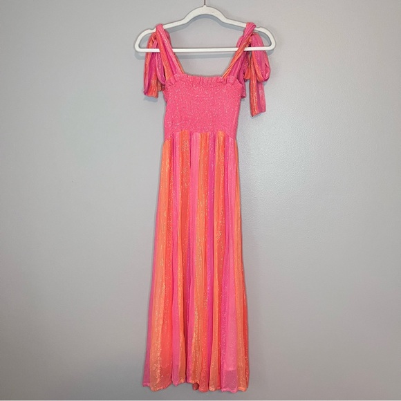 Sundress Melina Metallic Stripe Smocked Babydoll Midi Dress Marbella Pink Orange - Picture 6 of 9